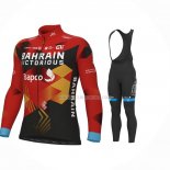 2023 Ropa Ciclismo Bahrain Victorious Rojo Negro Mangas Largas y Culotte Largo