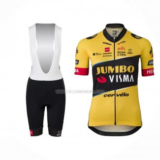 2023 Ropa Ciclismo Jumbo Visma Amarillo Negro Mangas Cortas y Culotte Corto