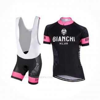2017 Ropa Ciclismo Mujer Bianchi Negro Rosa Mangas Corta y Culotte Corto
