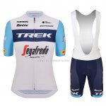 2023 Ropa Ciclismo Mujer Trek Blanco Azul Claro Mangas Cortas y Culotte Corto