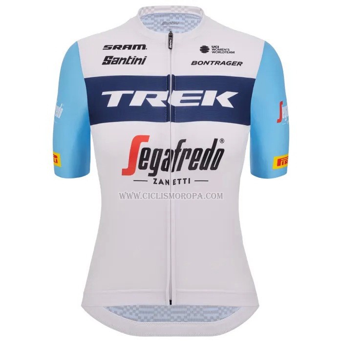 2023 Ropa Ciclismo Mujer Trek Blanco Azul Claro Mangas Cortas y Culotte Corto