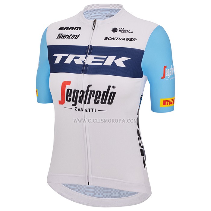 2023 Ropa Ciclismo Mujer Trek Blanco Azul Claro Mangas Cortas y Culotte Corto
