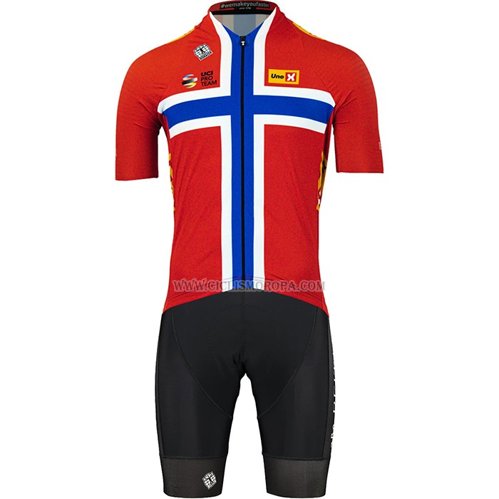 2023 Ropa Ciclismo Uno-x Noruega Campeon Rojo Azul Mangas Cortas y Culotte Corto